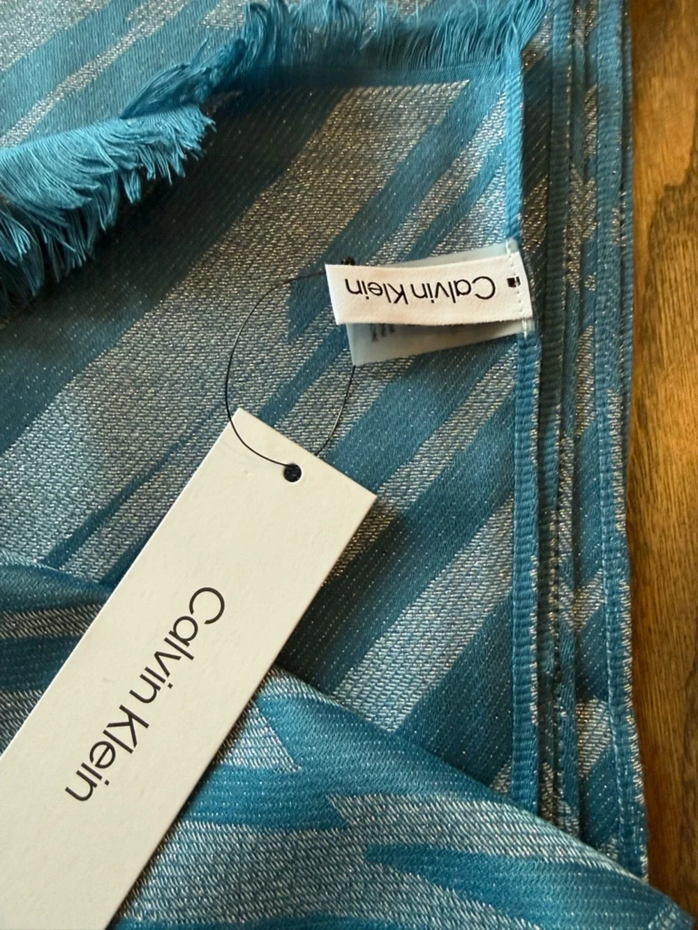 Calvin Klein Teal and Silver geometric Zebra-Stripe Wrap Scarf